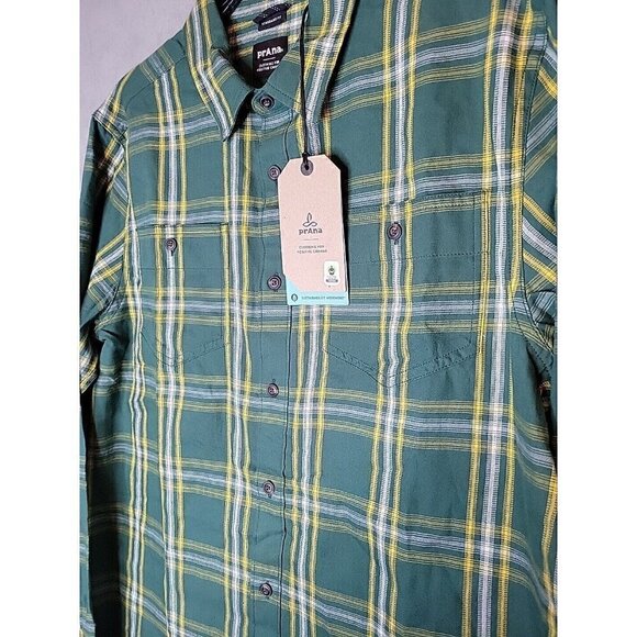 prAna Button Up Flannel Shirt Men's Small Green Yellow Plaid Casual, NWT $79 - Picture 3 of 13